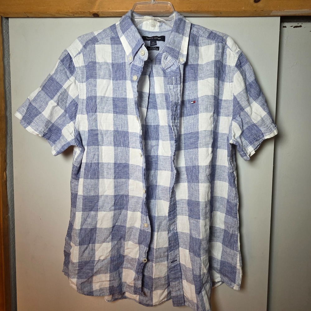Tommy Hilfiger Men's Blue Button Down Shirt Checkered Size L Linen Cotton Frat
